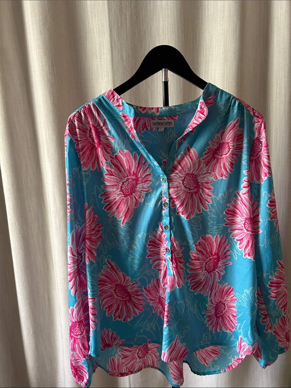 Buckhead Betties Large Pink Floral Button-Front Blouse in Aqua